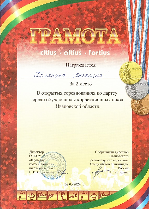 2 место в открытых соревнованиях по дартсу среди обучающихся коррекционных школ Ивановской области.